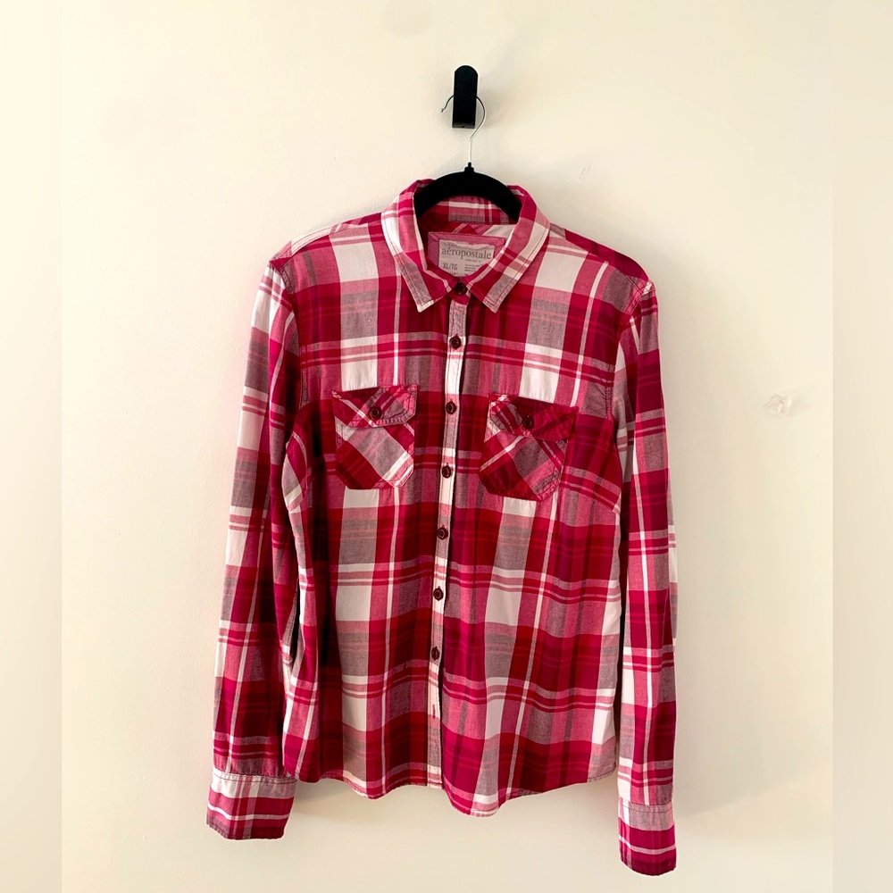 Aeropostale Flannel Plaid Shirt Long Sleeves Pink Button Up Women Western XL